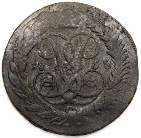 Монета 2 копейки 1758 года, Российская Империя, Елизавета I, перечекан