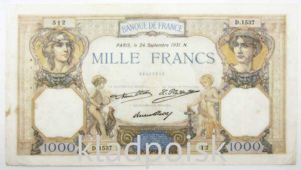 Банкнота 1000 франков 1931 года Франция Банкнота 1000 франков 1931 года Франция