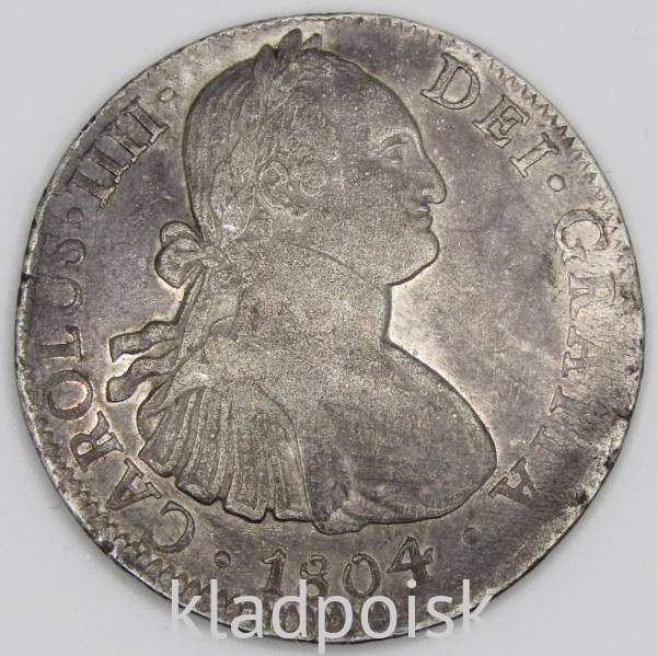 Монета 8 реалов 1804 года, Мексика (колония Испании) Король Карл IV, монетный двор Мехико