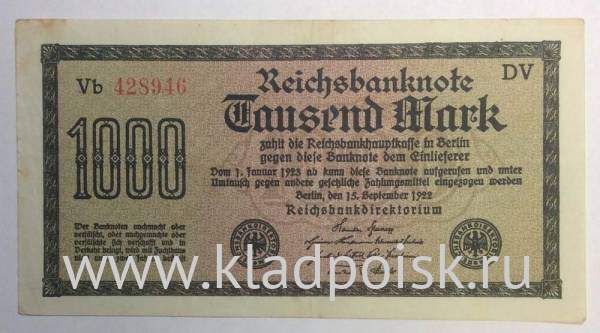 Банкнота 1000 марок 1922 года - Веймарская Республика, арт 2 Банкнота 1000 марок 1922 года - Веймарская Республика, арт 2