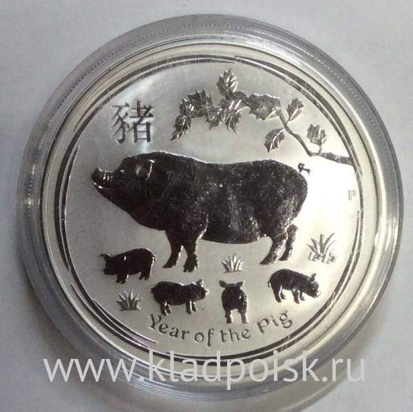 Монета 1 доллар Австралия 2019 Год свиньи, серебро
