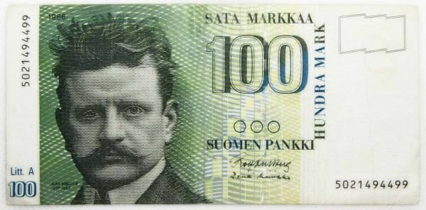 Банкнота 100 марок 1986 года Финляндия
