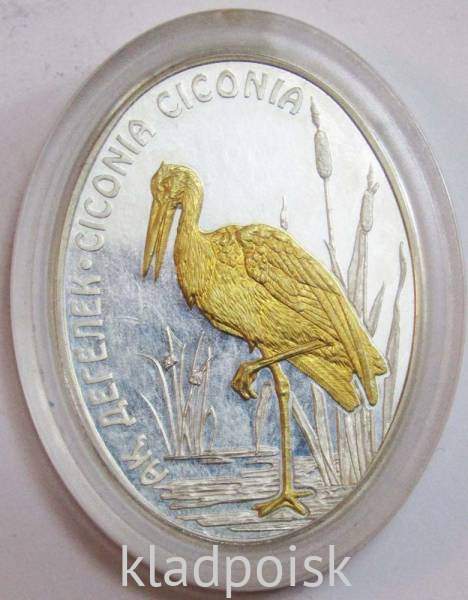 Монета 100 Тенге Казахстан, Белый аист, Серебро, 2012