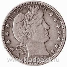 Монета 25 центов США Барбер (Голова Свободы) Серебро 900 пр.(1915) Монета 25 центов США Барбер (Голова Свободы) Серебро 900 пр.(1915)