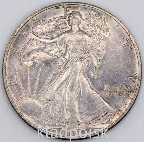 Монета 1 доллар США «Шагающая свобода» Серебро 999 пробы, 1991