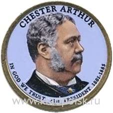 Монета с цветным изображением 1 доллар США (2012) 21-ый Президент Честер Алан Артур Монета с цветным изображением 1 доллар США (2012) 21-ый Президент Честер Алан Артур
