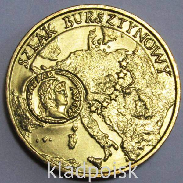 Монета 2 злотых Польша Янтарный путь 2001 Монета 2 злотых Польша Янтарный путь 2001
