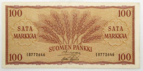 Банкнота 100 марок 1957 года Финляндия Банкнота 100 марок 1957 года Финляндия
