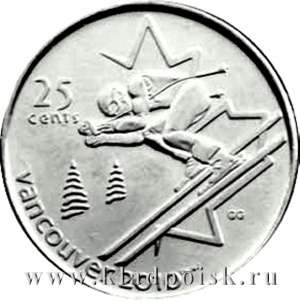 Монета 25 центов Канада, Олимпиада 2010 год Ванкувер - Горные лыжи Монета 25 центов Канада, Олимпиада 2010 год Ванкувер - Горные лыжи