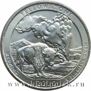 Монета 25 центов Йеллоустонский национальный парк, монетный двор D