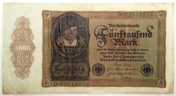 Банкнота 5000 марок 1922 года - Веймарская Республика Банкнота 5000 марок 1922 года - Веймарская Республика