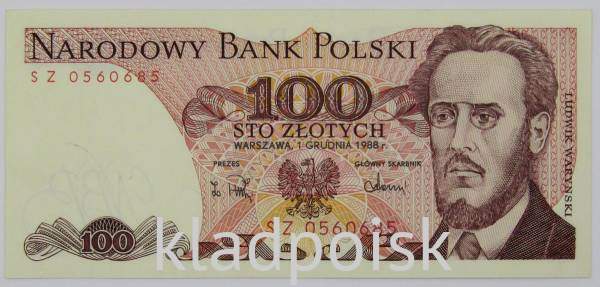 Банкнота 100 злотых 1988 года Польша