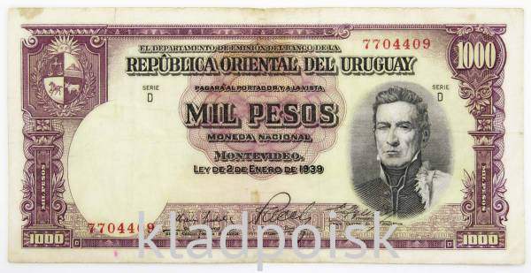Банкнота 1000 песо 1939 года Уругвай Банкнота 1000 песо 1939 года Уругвай