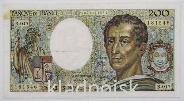 Банкнота 200 франков 1983 года Франция (Монтескьё)