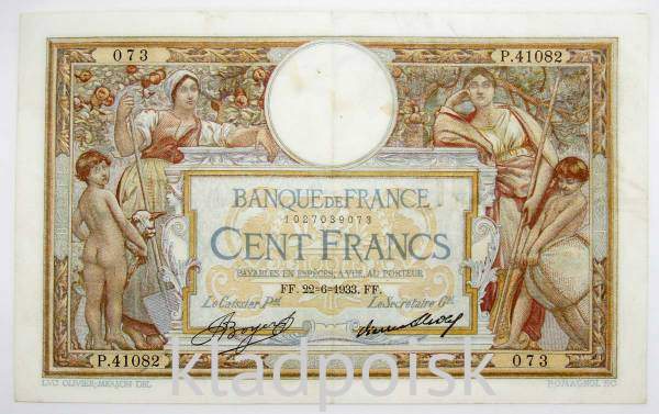 Банкнота 100 франков 1933 года Франция