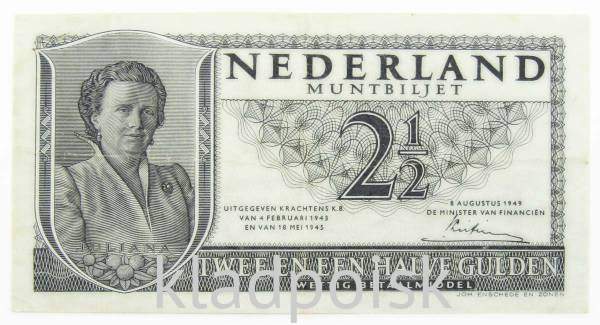 Банкнота 2 1/2 гульдена 1949 года Нидерланды