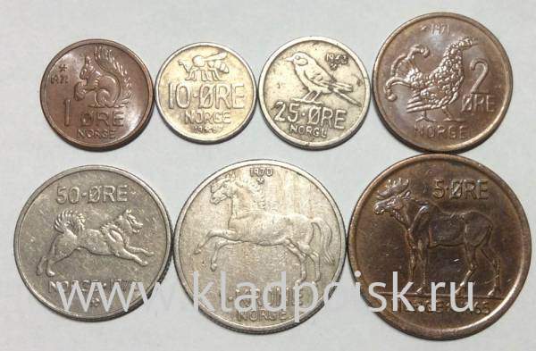 Набор регулярных монет Норвегии 1958-1973 гг., 7 монет
