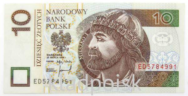 Банкнота 10 злотых 1994 года Польша
