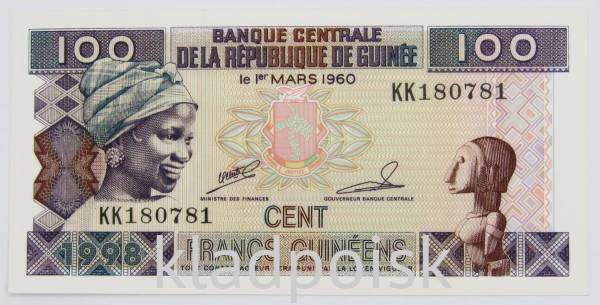 Банкнота Гвинея 100 франков 1998 года
