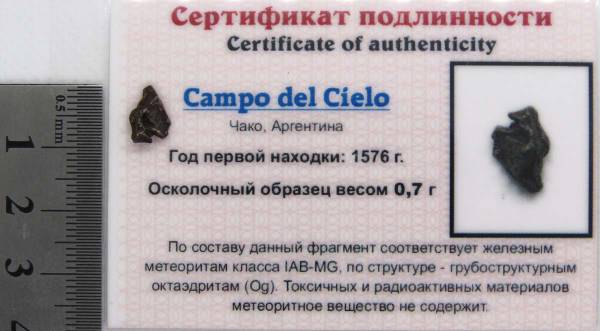 Осколок метеорита Campo del Cielo, арт 11 Осколок метеорита Campo del Cielo, арт 11