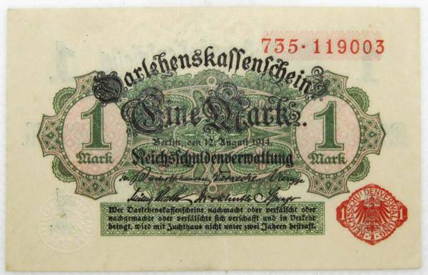 Банкнота 1 марка Германской империи 1914 года красная надпись