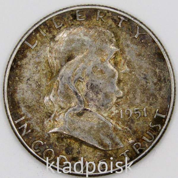Монета 50 центов США Франклин, 1951 Серебро 900 пробы Монета 50 центов США Франклин, 1951 Серебро 900 пробы