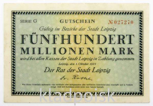 Банкнота 500 миллионов марок 1923 года - Германия, Лейпциг Банкнота 500 миллионов марок 1923 года - Германия, Лейпциг