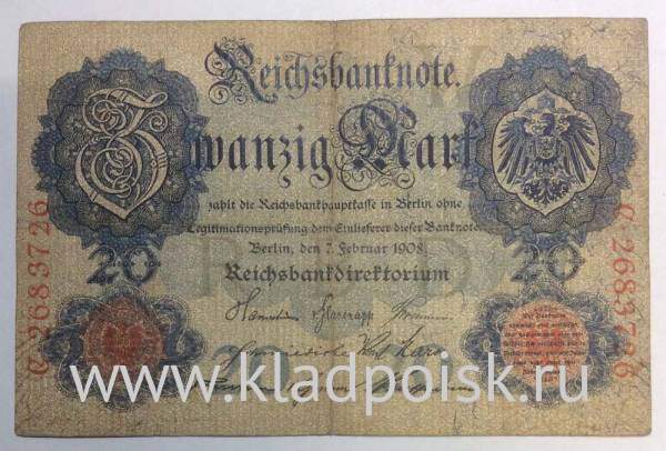 Банкнота 20 марок 1908 года Германия Банкнота 20 марок 1908 года Германия