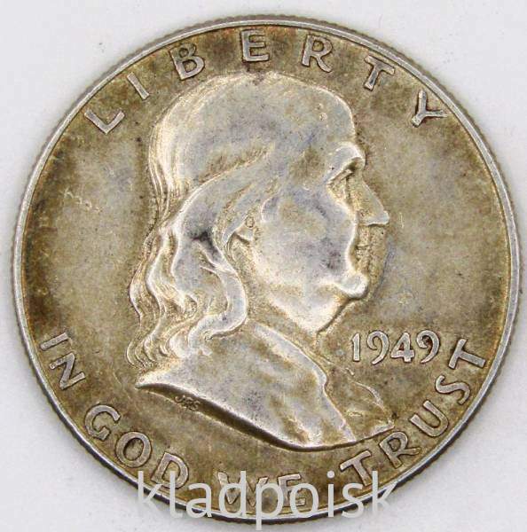 Монета 50 центов США Франклин, 1949 Серебро 900 пробы Монета 50 центов США Франклин, 1949 Серебро 900 пробы