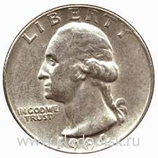 Монета 25 центов США «Вашингтон». Серебро 900 пр. (1959-1964) Монета 25 центов США «Вашингтон». Серебро 900 пр. (1959-1964)