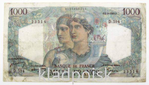 Банкнота 1000 франков 1949 года Франция