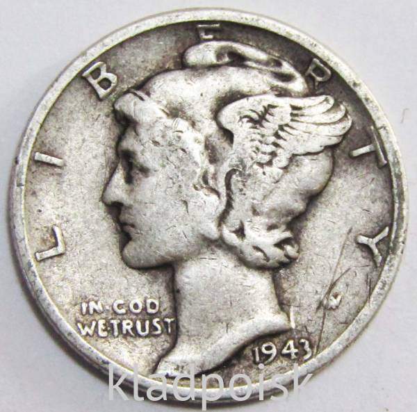 Монета 1 дайм (10 центов) США 1943 Серебро 900 пробы