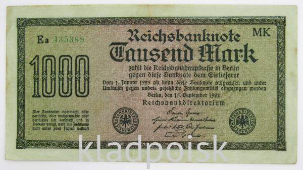 Банкнота 1000 марок 1922 года - Веймарская Республика Банкнота 1000 марок 1922 года - Веймарская Республика