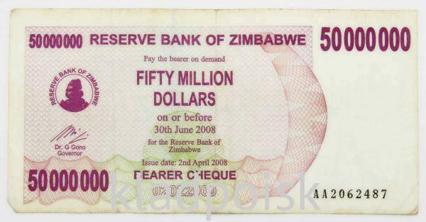 Чек на предъявителя 50 миллионов долларов Зимбабве 2008 год