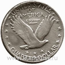 Монета 25 центов США со стоящей Свободой. Серебро 900 пр. Монета 25 центов США со стоящей Свободой. Серебро 900 пр.