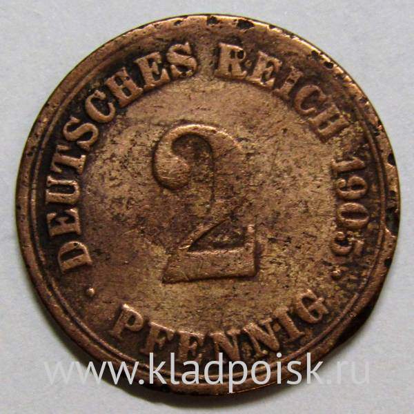 Монета 2 пфеннига Германия 1905