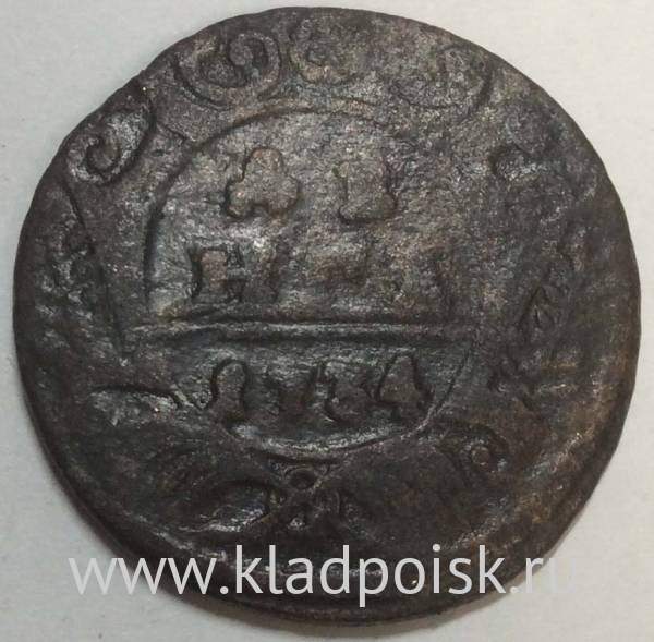 Монета 1 денга 1734 года, Российская Империя, Анна Иоановна Монета 1 денга 1734 года, Российская Империя, Анна Иоановна