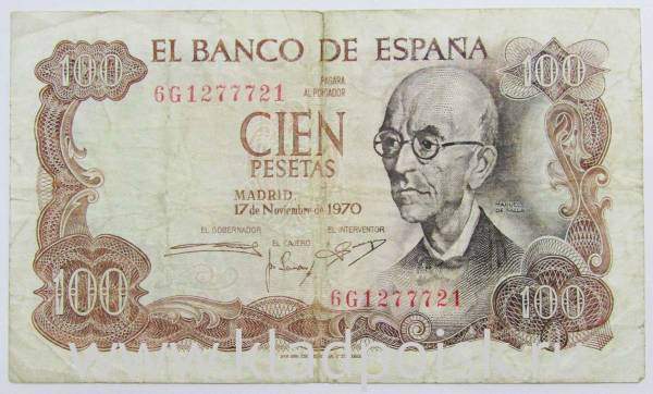 Банкнота 100 песет 1970 года Испания