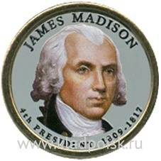 Монета с цветным изображением 1 доллар США (2007) 4-ый Президент Джеймс Мэдисон Монета с цветным изображением 1 доллар США (2007) 4-ый Президент Джеймс Мэдисон