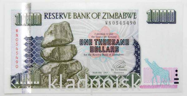 Банкнота Зимбабве 1000 долларов 2003 года