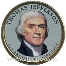 Монета с цветным изображением 1 доллар США (2007) 3-ий Президент Томас Джеферсон Монета с цветным изображением 1 доллар США (2007) 3-ий Президент Томас Джеферсон