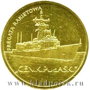 Монета 2 злотых Польша Ракетный фрегат Генерал Казимир Пулавский 2013