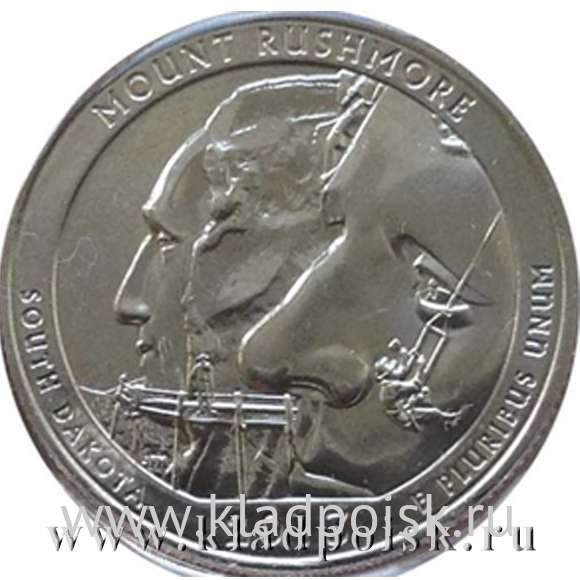 Монета 25 центов Национальный мемориал Маунт-Рашмор, монетный двор D