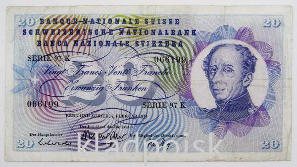 Банкнота 20 франков 1974 года Швейцария