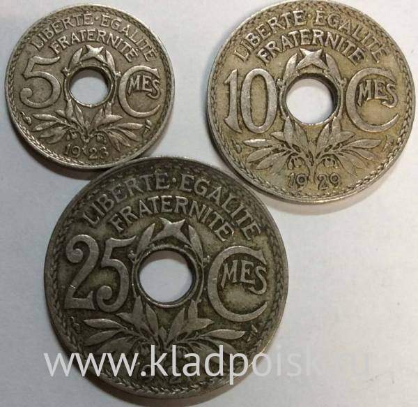 Набор из 3 регулярных монет Франции 1917-1938 года Набор из 3 регулярных монет Франции 1917-1938 года