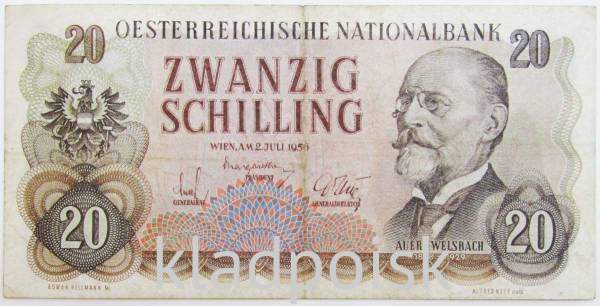 Банкнота 20 шиллингов 1956 года Австрия Банкнота 20 шиллингов 1956 года Австрия