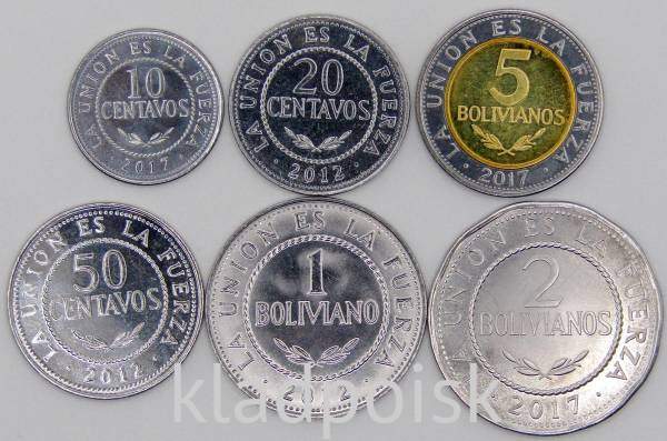 Набор регулярных монет Боливии 2012-2017 гг., 6 монет