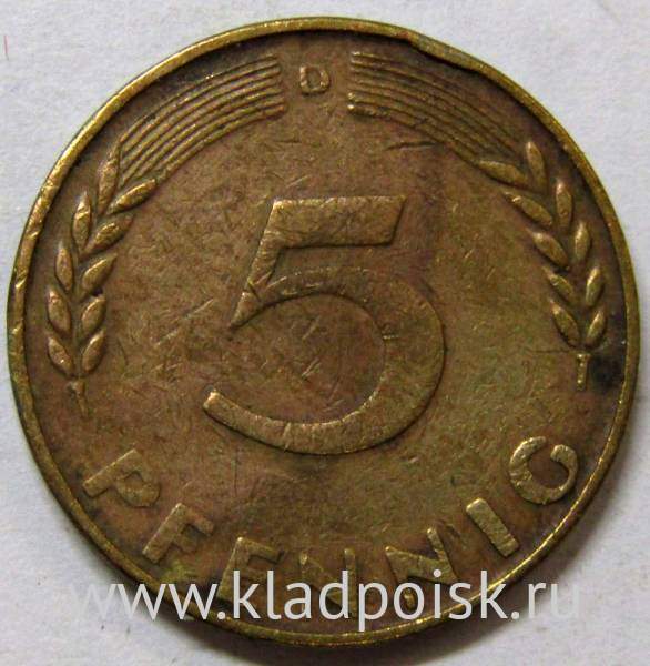Монета 5 пфеннигов Германия 1950 (D)