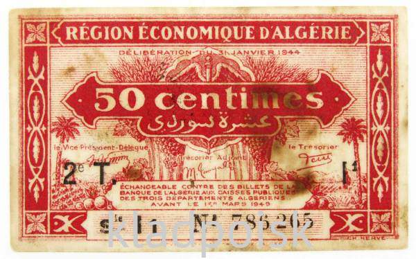 Банкнота 50 сантимов 1949 года Алжир