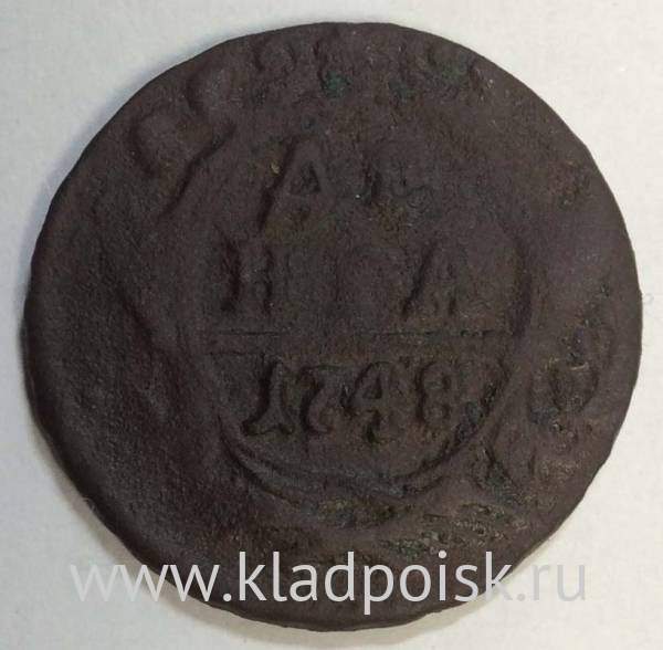 Монета 1 денга 1748 года, Российская Империя, Елизавета I Монета 1 денга 1748 года, Российская Империя, Елизавета I